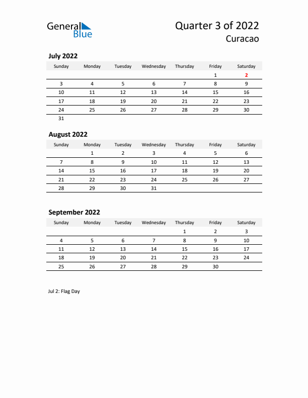 2022 Q3 Three-Month Calendar for Curacao