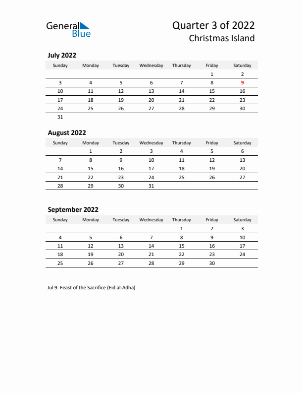 2022 Q3 Three-Month Calendar for Christmas Island