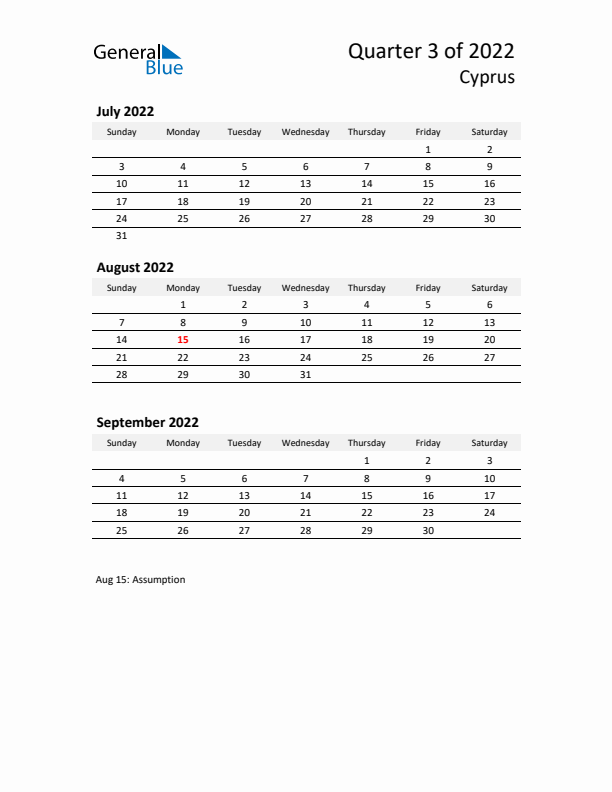 2022 Q3 Three-Month Calendar for Cyprus