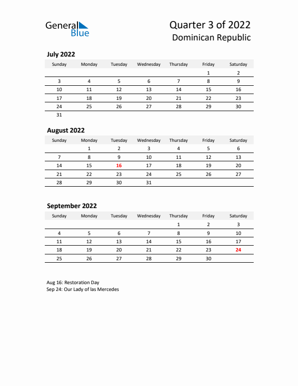 2022 Q3 Three-Month Calendar for Dominican Republic