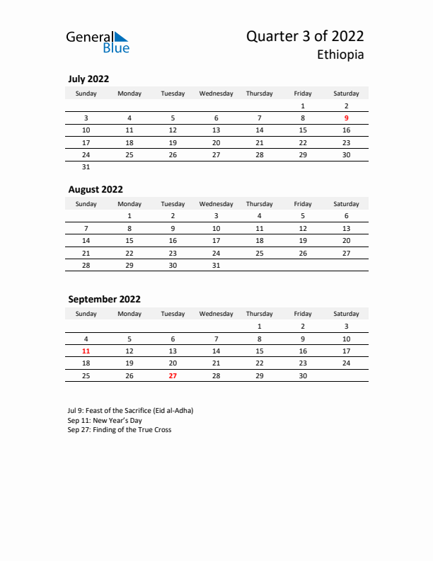 2022 Q3 Three-Month Calendar for Ethiopia