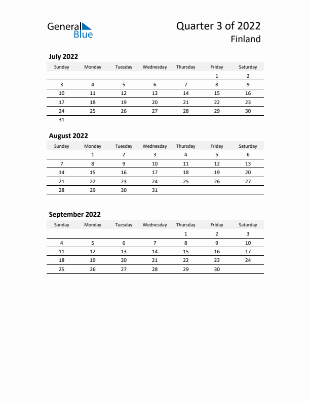 2022 Q3 Three-Month Calendar for Finland