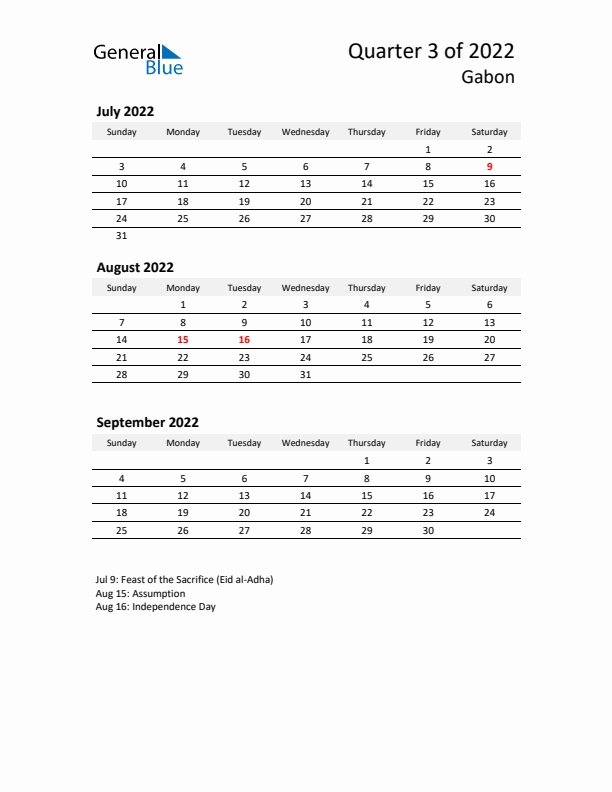 2022 Q3 Three-Month Calendar for Gabon