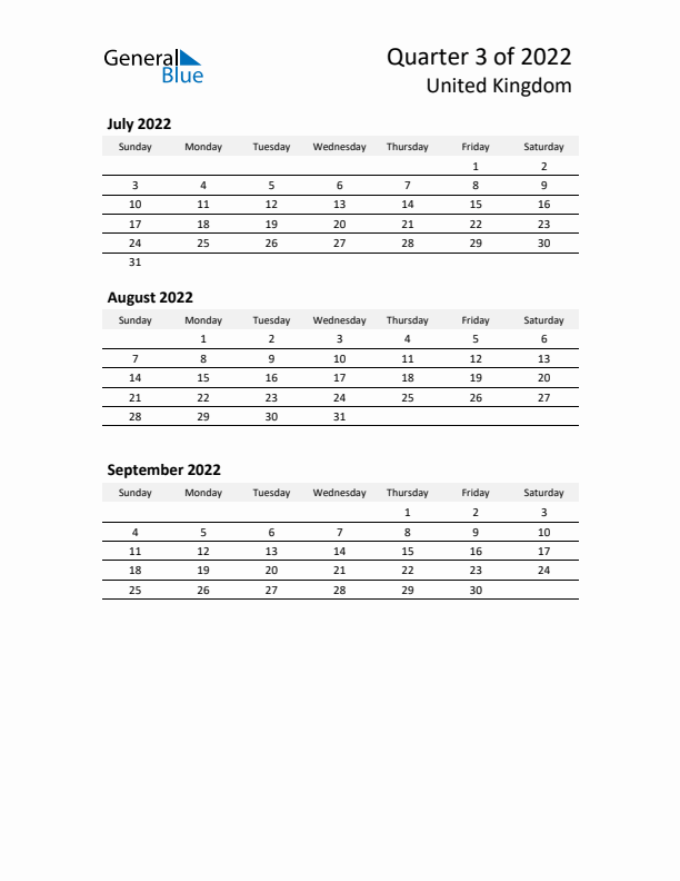 2022 Q3 Three-Month Calendar for United Kingdom