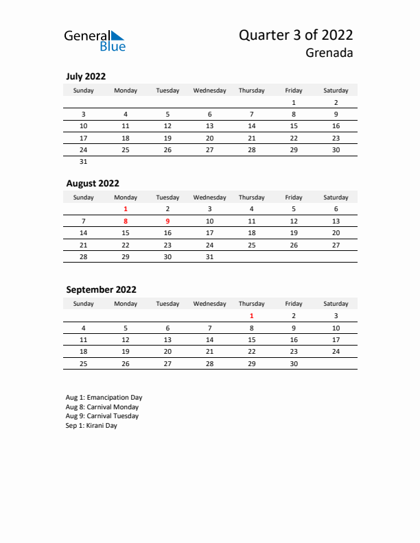 2022 Q3 Three-Month Calendar for Grenada