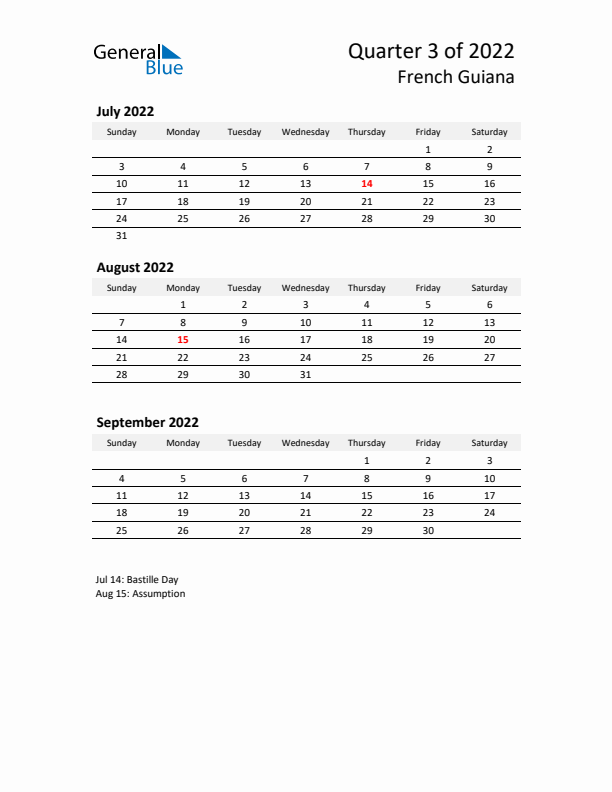 2022 Q3 Three-Month Calendar for French Guiana