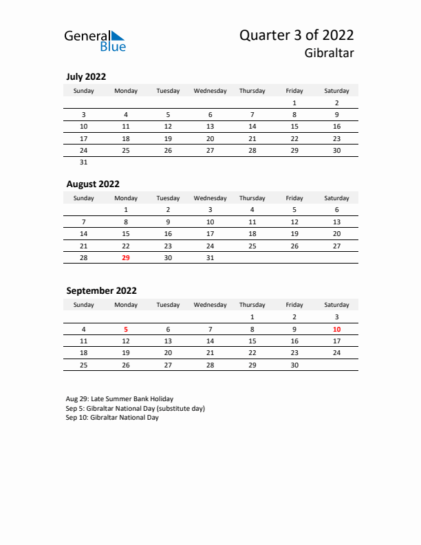 2022 Q3 Three-Month Calendar for Gibraltar