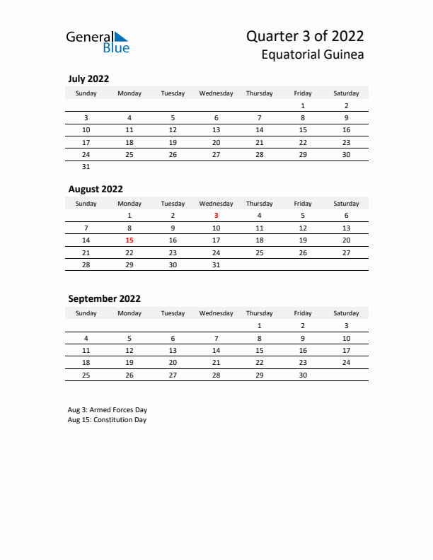 2022 Q3 Three-Month Calendar for Equatorial Guinea