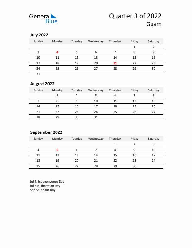 2022 Q3 Three-Month Calendar for Guam