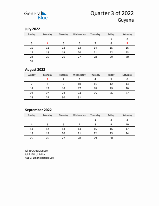 2022 Q3 Three-Month Calendar for Guyana