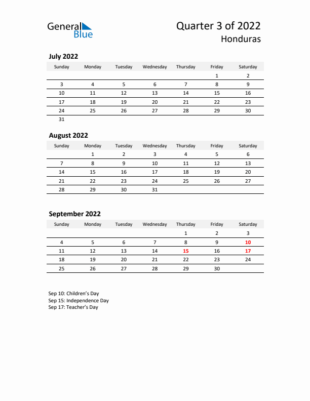 2022 Q3 Three-Month Calendar for Honduras