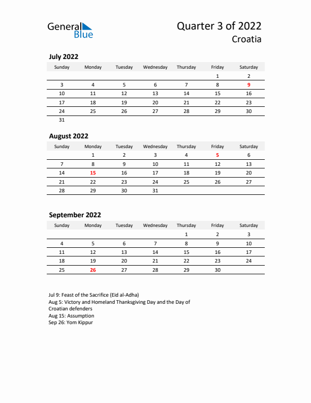 2022 Q3 Three-Month Calendar for Croatia