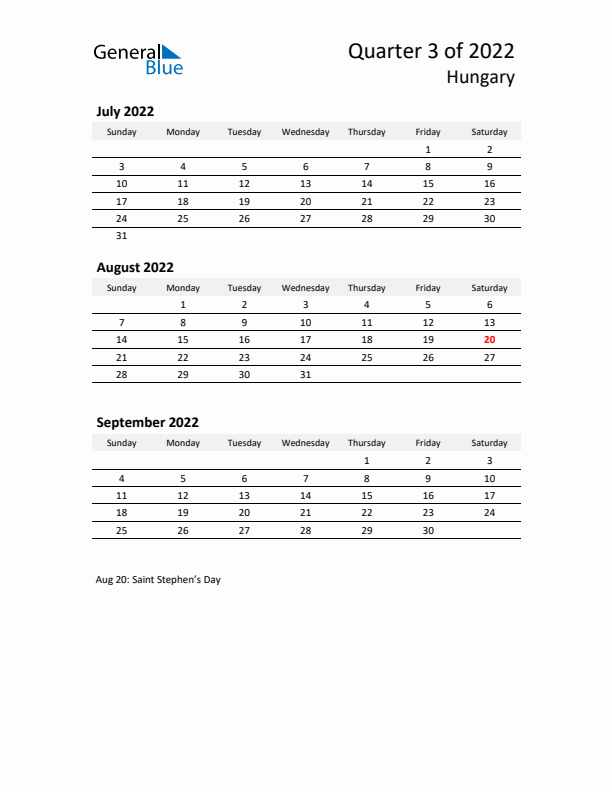 2022 Q3 Three-Month Calendar for Hungary