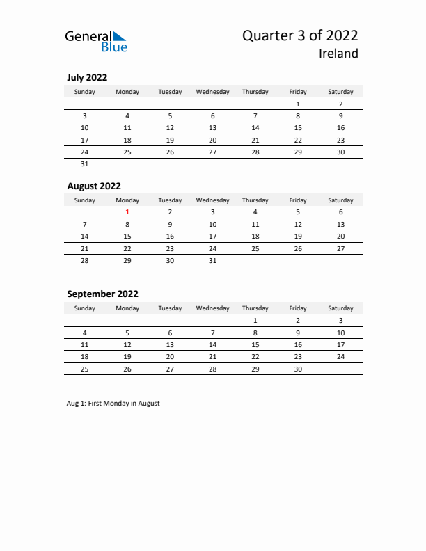 2022 Q3 Three-Month Calendar for Ireland