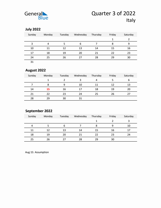 2022 Q3 Three-Month Calendar for Italy