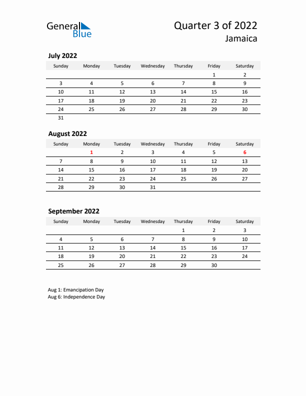 2022 Q3 Three-Month Calendar for Jamaica