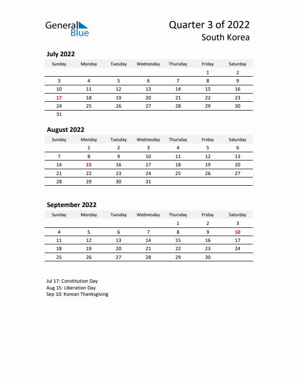 2022 Q3 Three-Month Calendar for South Korea