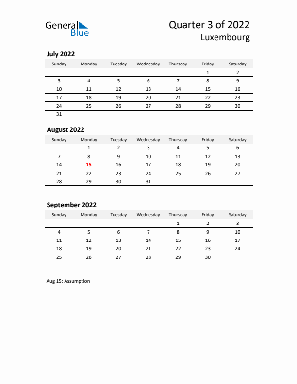 2022 Q3 Three-Month Calendar for Luxembourg