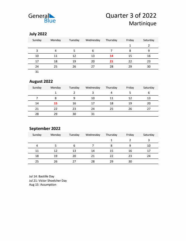 2022 Q3 Three-Month Calendar for Martinique