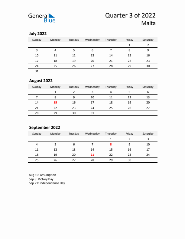 2022 Q3 Three-Month Calendar for Malta