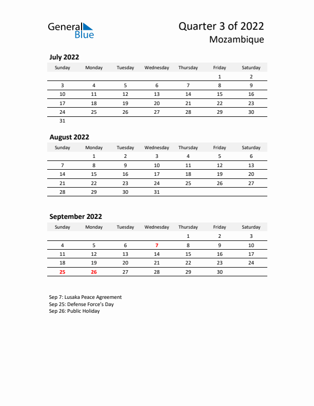 2022 Q3 Three-Month Calendar for Mozambique