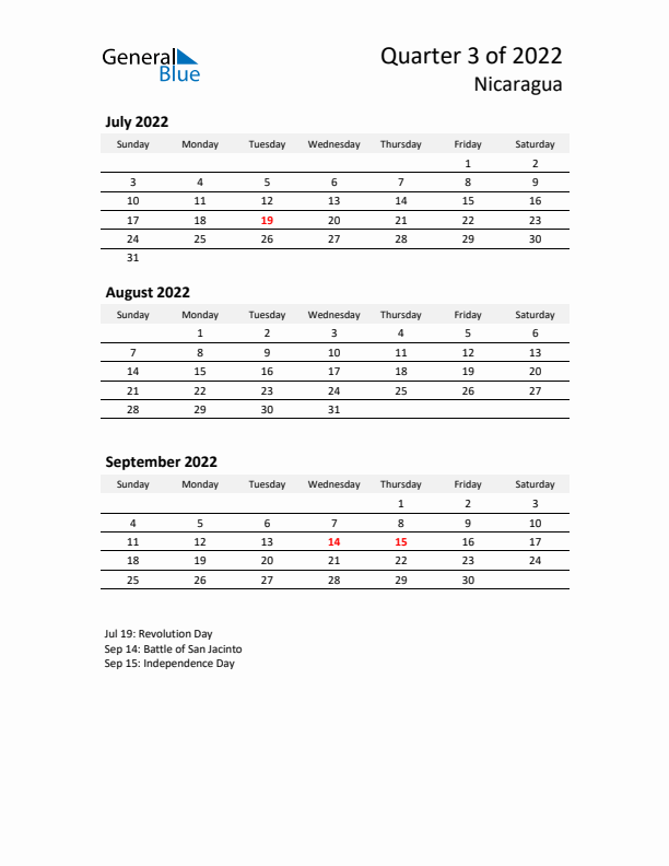 2022 Q3 Three-Month Calendar for Nicaragua