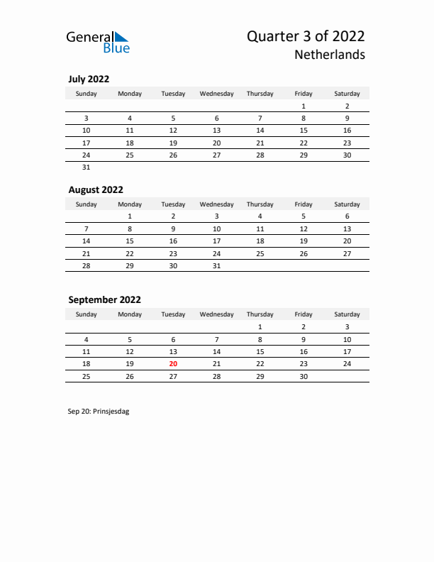 2022 Q3 Three-Month Calendar for The Netherlands