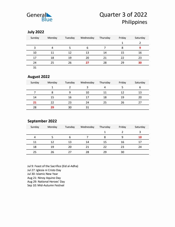 2022 Q3 Three-Month Calendar for Philippines