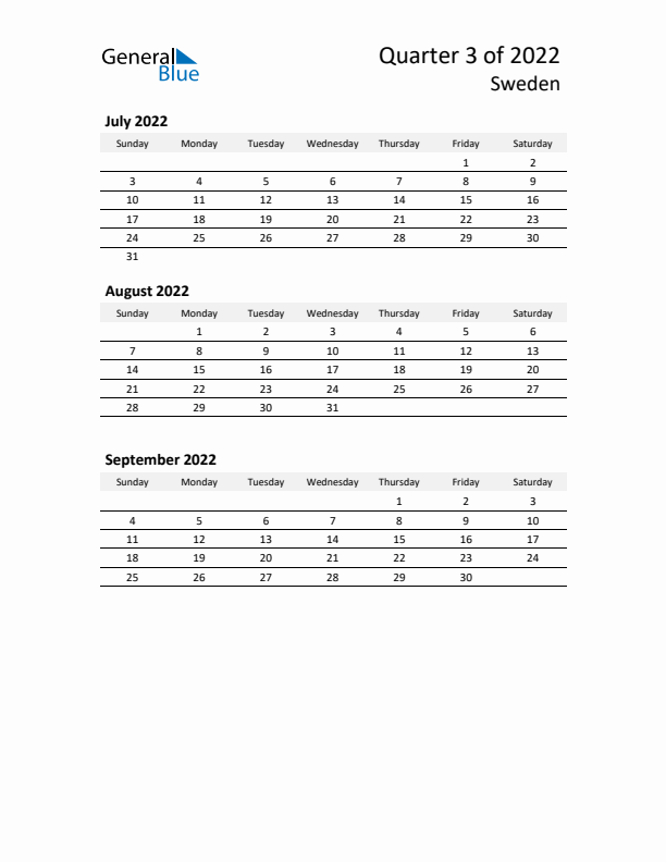 2022 Q3 Three-Month Calendar for Sweden