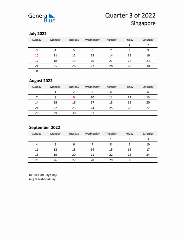 2022 Q3 Three-Month Calendar for Singapore