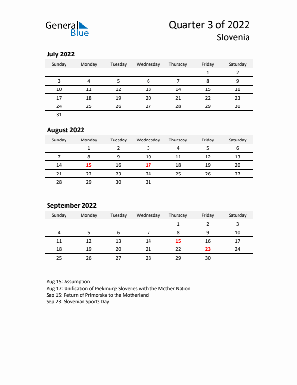 2022 Q3 Three-Month Calendar for Slovenia