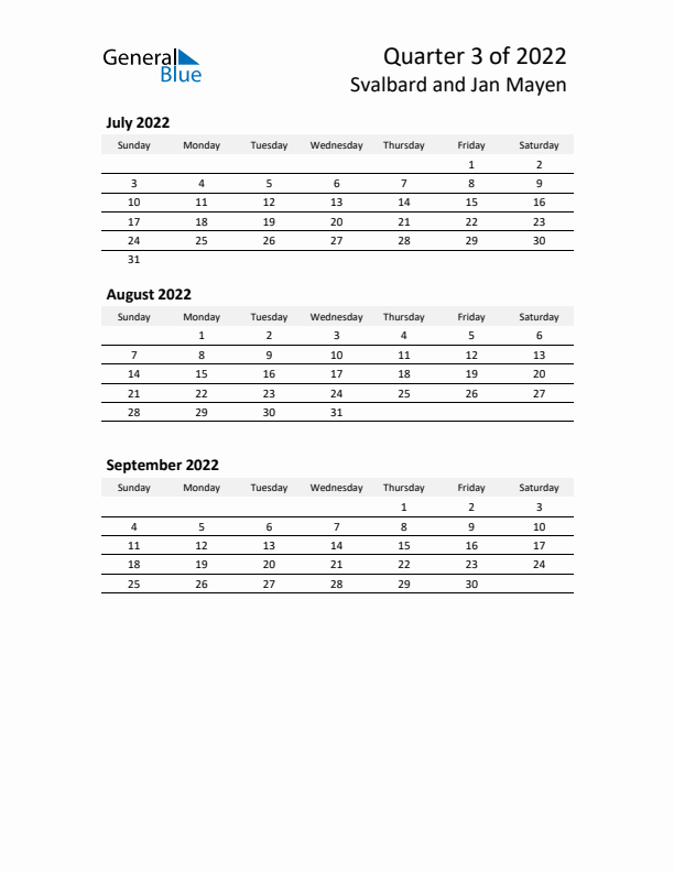 2022 Q3 Three-Month Calendar for Svalbard and Jan Mayen