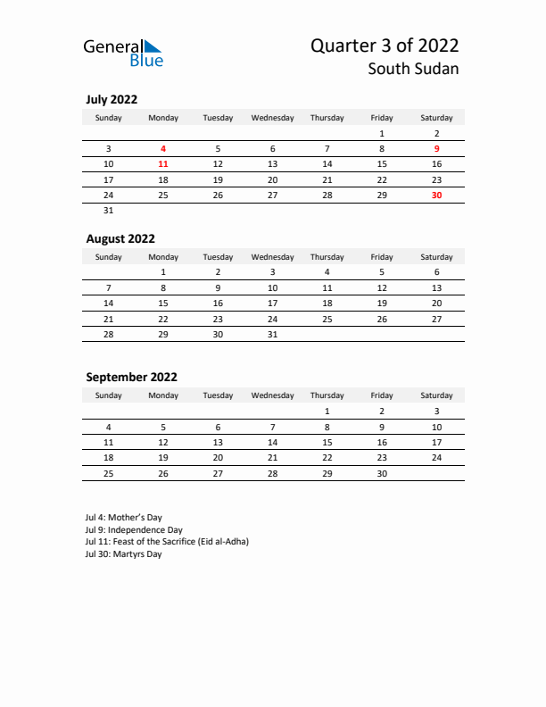 2022 Q3 Three-Month Calendar for South Sudan