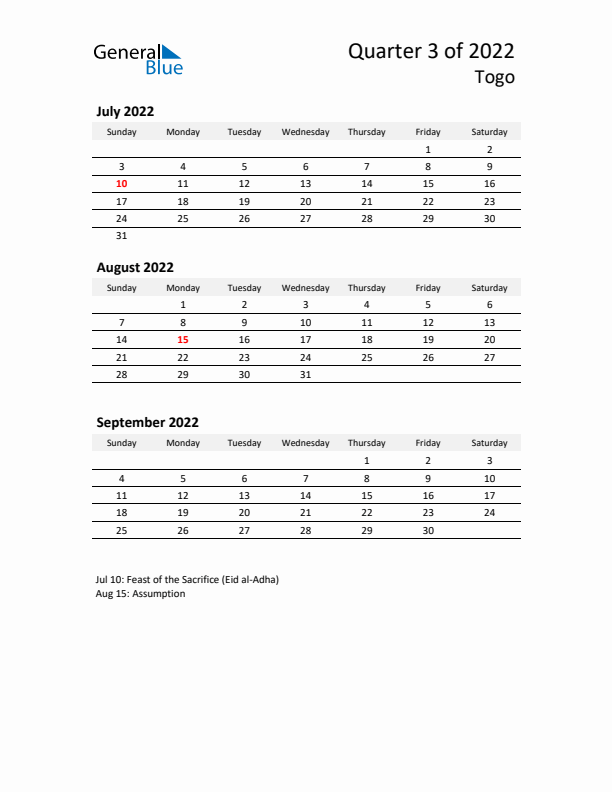 2022 Q3 Three-Month Calendar for Togo