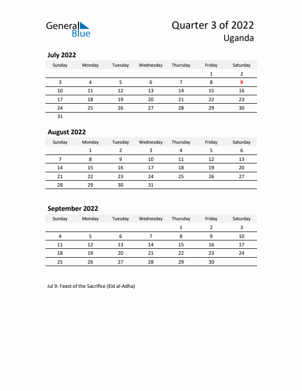 2022 Q3 Three-Month Calendar for Uganda