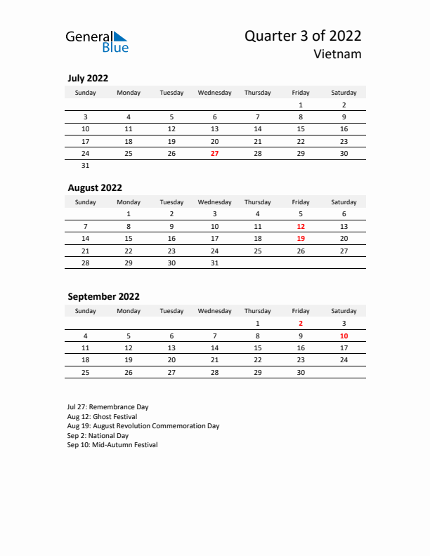 2022 Q3 Three-Month Calendar for Vietnam