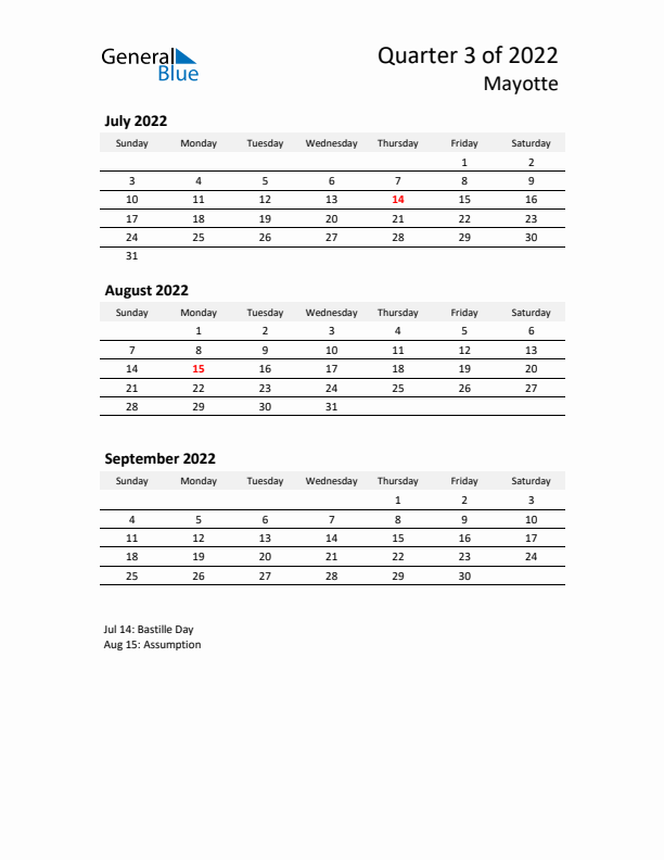 2022 Q3 Three-Month Calendar for Mayotte