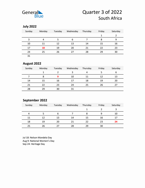 2022 Q3 Three-Month Calendar for South Africa