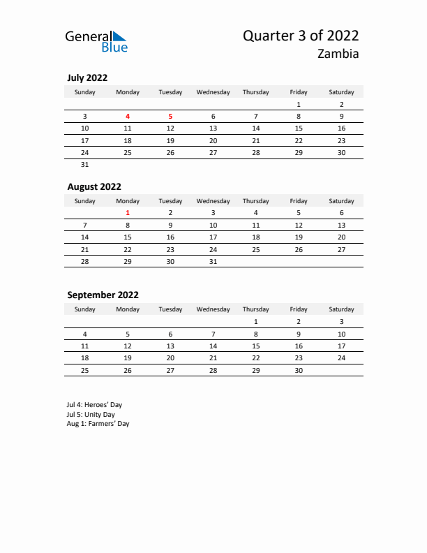 2022 Q3 Three-Month Calendar for Zambia