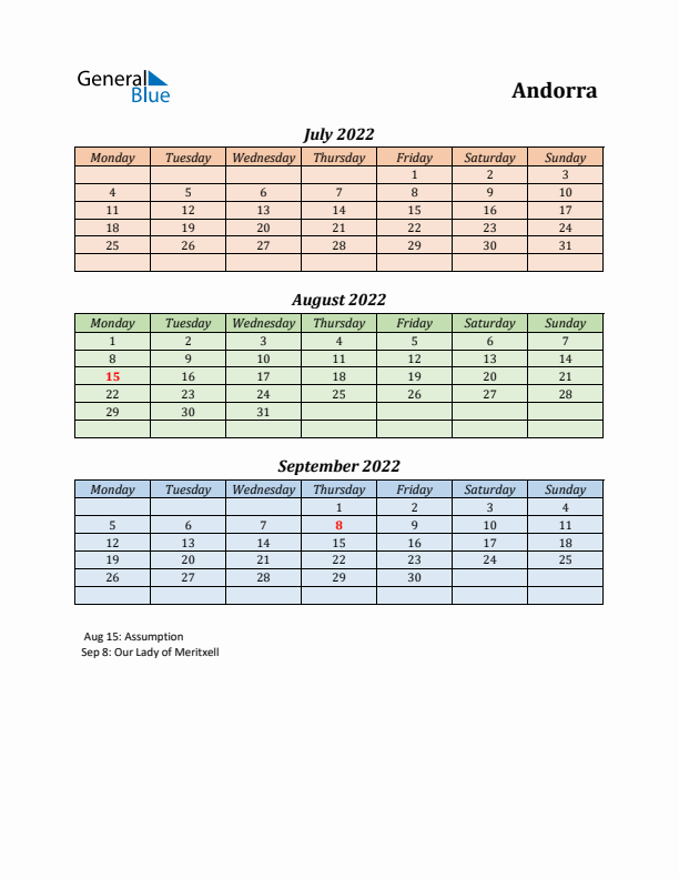 Q3 2022 Holiday Calendar - Andorra