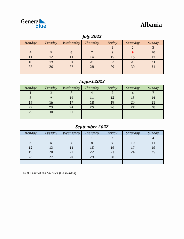 Q3 2022 Holiday Calendar - Albania