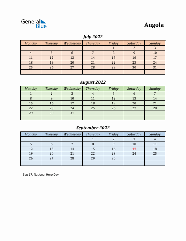 Q3 2022 Holiday Calendar - Angola