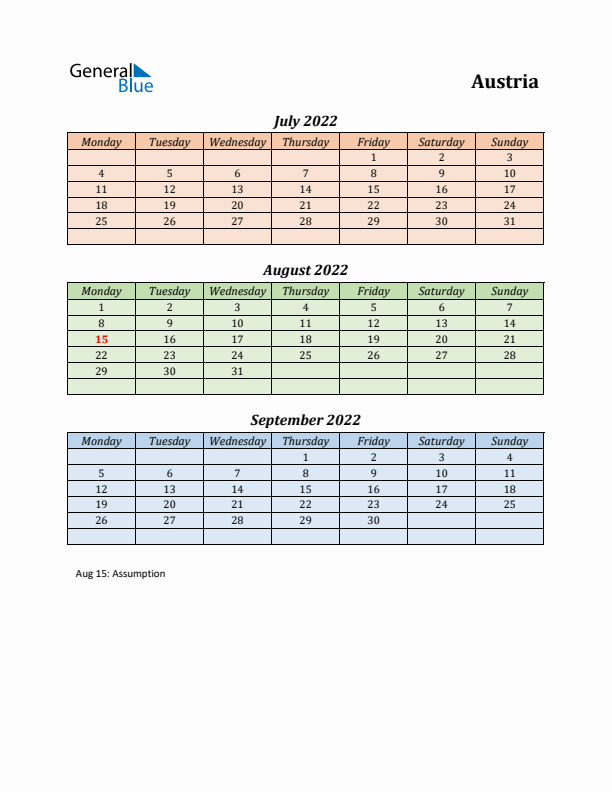 Q3 2022 Holiday Calendar - Austria