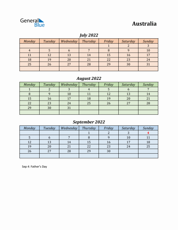 Q3 2022 Holiday Calendar - Australia