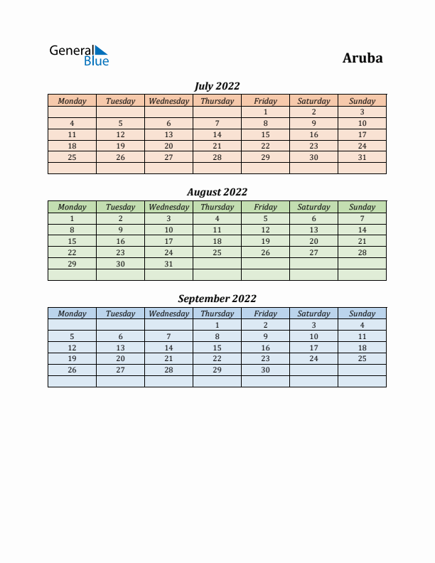 Q3 2022 Holiday Calendar - Aruba