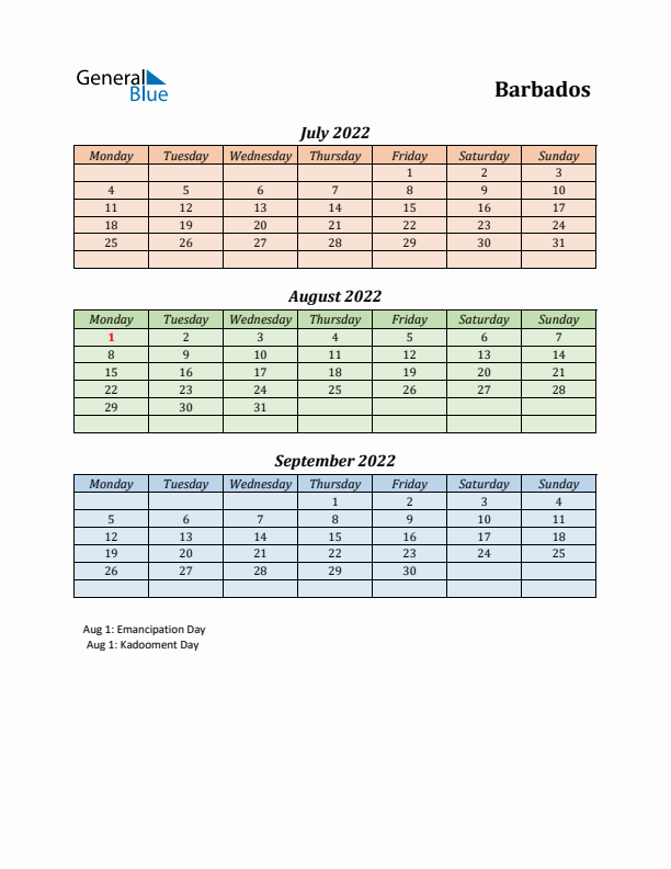 Q3 2022 Holiday Calendar - Barbados