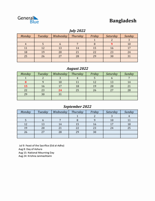 Q3 2022 Holiday Calendar - Bangladesh