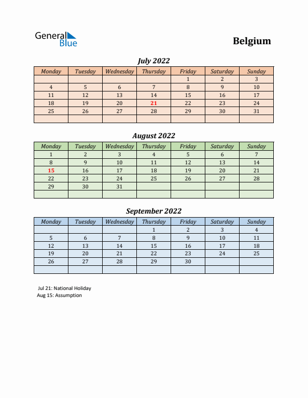 Q3 2022 Holiday Calendar - Belgium