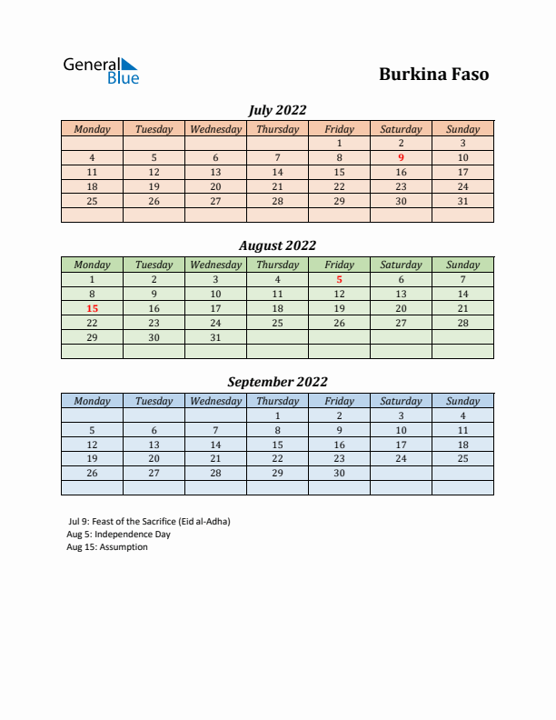 Q3 2022 Holiday Calendar - Burkina Faso