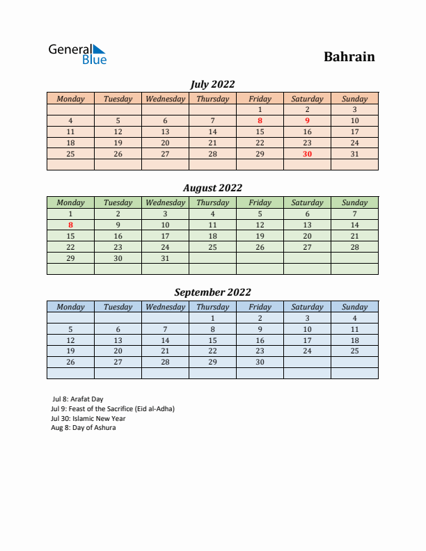 Q3 2022 Holiday Calendar - Bahrain